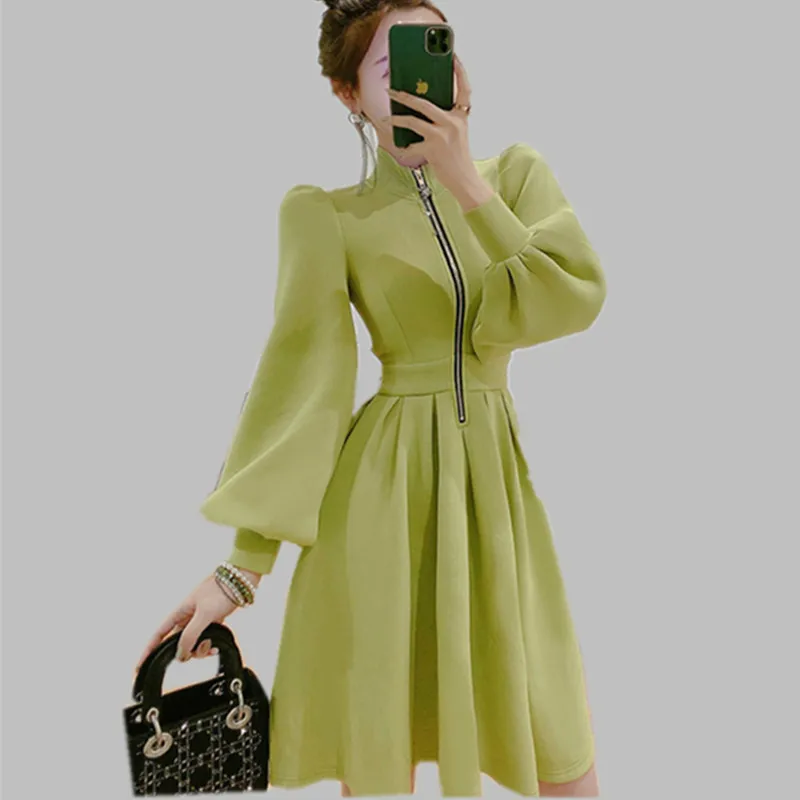 

Женское плиссированное платье с пышными рукавами, однотонное приталенное винтажное платье с воротником-стойкой, на молнии, Осень-зима 2020