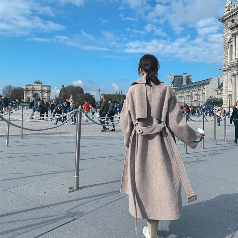 

2020New Woolen Coat Women Plaid Simple Casual Long Womens Outwear Thickening All-match Loose Elegant Fashionable Korean ZY116