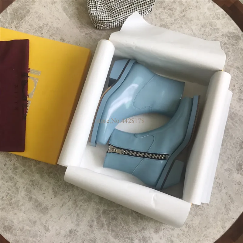 

Fashion Leather Square Toe Ankle Boots Women 2020 Western Blue Chunky Heels Chelsea Boots Winter Zipper Cowboy Boots For Women