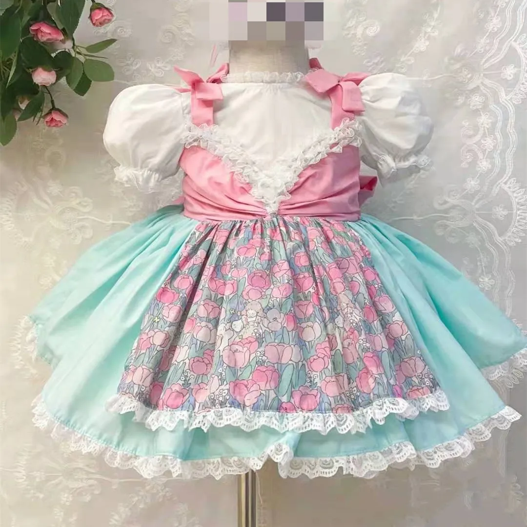 

Baby Girl Summer Green Tulip Floral Vintage Princess Dress with Apron Headband for Party Casual