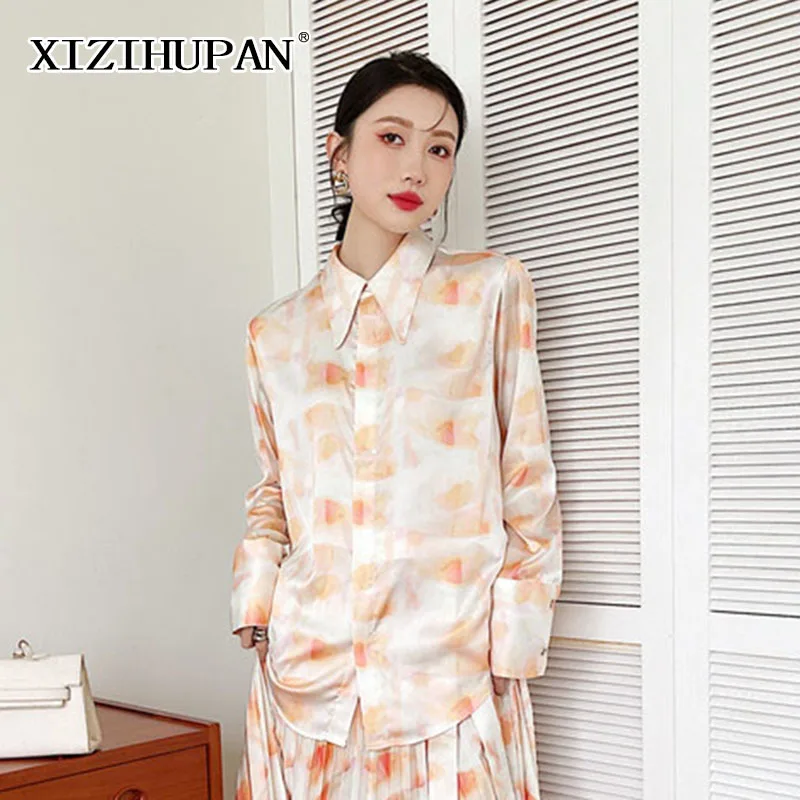 

XIZIHUPAN Casual Print Shirt For Women Lapel Long Sleeve Straight Hit Color Loose Shirts Female Spring Fashion Clothing 2021