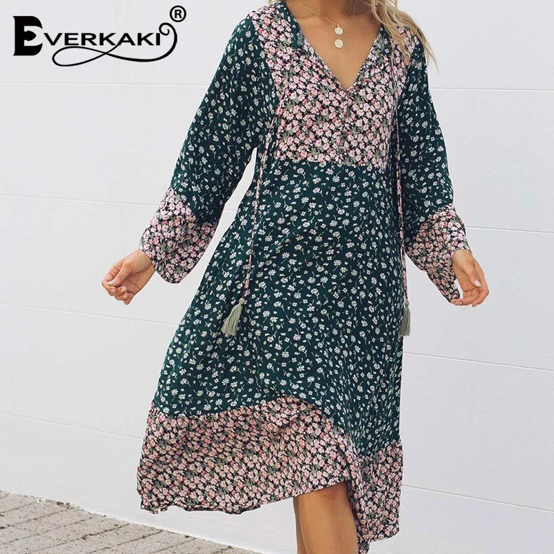 Everkaki женское платье с цветочным принтом Boho кисточками на шее Осеннее свободное