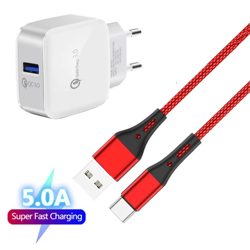 18W Fast charger USB Adapter For Huawei P30 Honor 9x Samsung A51 A72 A32 Xiaomi POCO X3 USB 3.0 5A Super Charging Type C Cable