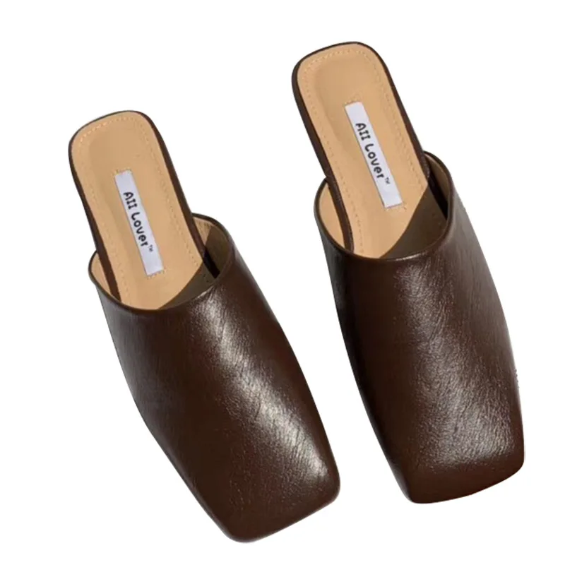 

Baotou Half Slippers Women's Anti-Slip Square-Toe Chunky Flat Mule Shoes