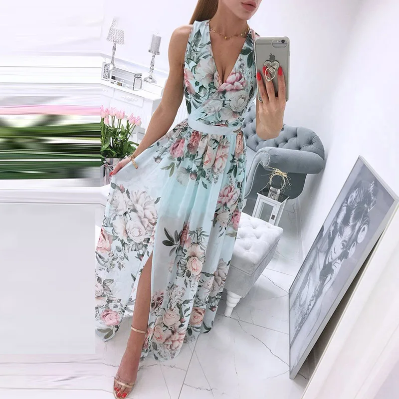 

Summer New V-Neck Sleeveless Beach Maxi Dress Elegant Women Split Sexy Party Chiffon Dress Vintage Floral Print Long Dresses