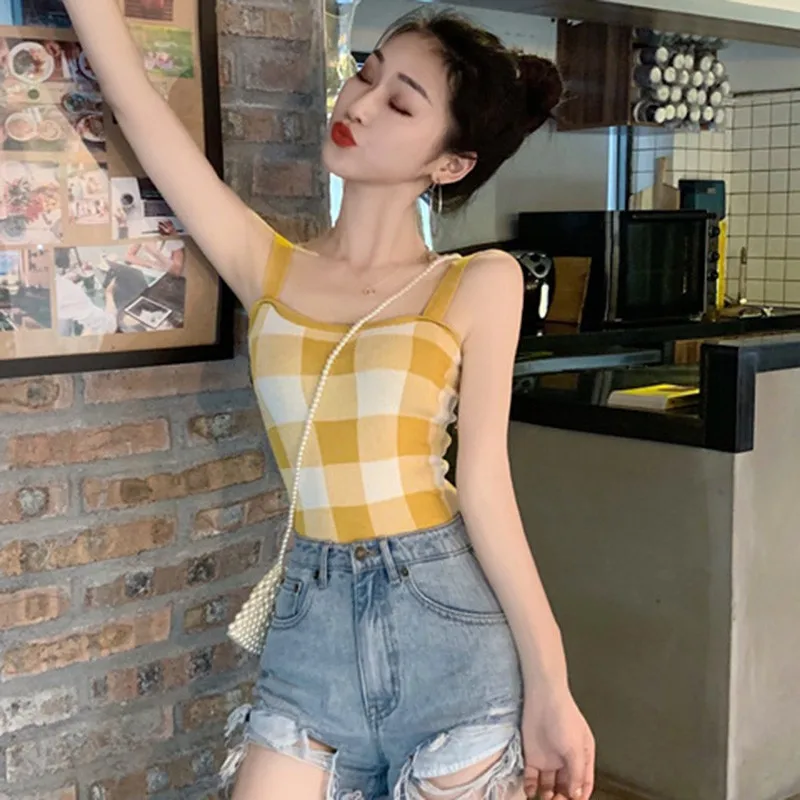 

Summer Women Tank Top Sexy Plaid Color Block Knitted Camisole Korean Style Ladies Basic Vest Camis 2020 New