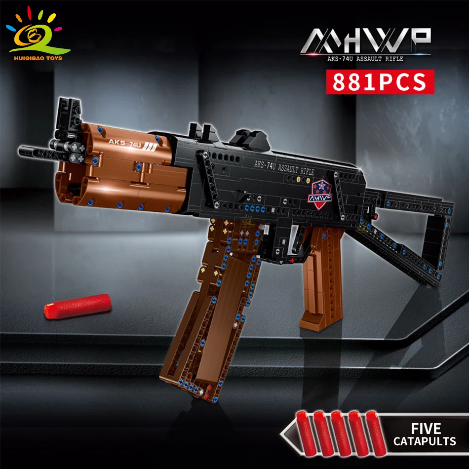 HUIQIBAO 881Pcs DIY Aks-74u Submachine Gun Building Blocks Military Technical Weapon Educational Bricks Toys For Children | Игрушки и