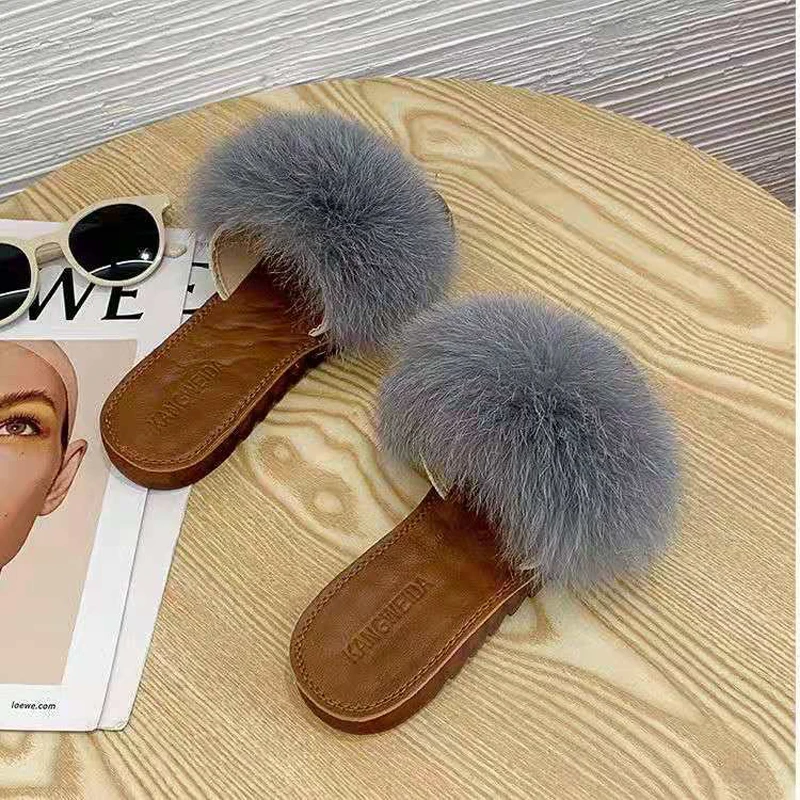 

New Arrival Beef Tendon Bottom Hairy Slippers For Ladies Outside Fashion Fox Fur Flat Sandals Plush Flip Flops Fluffy Fur Slides