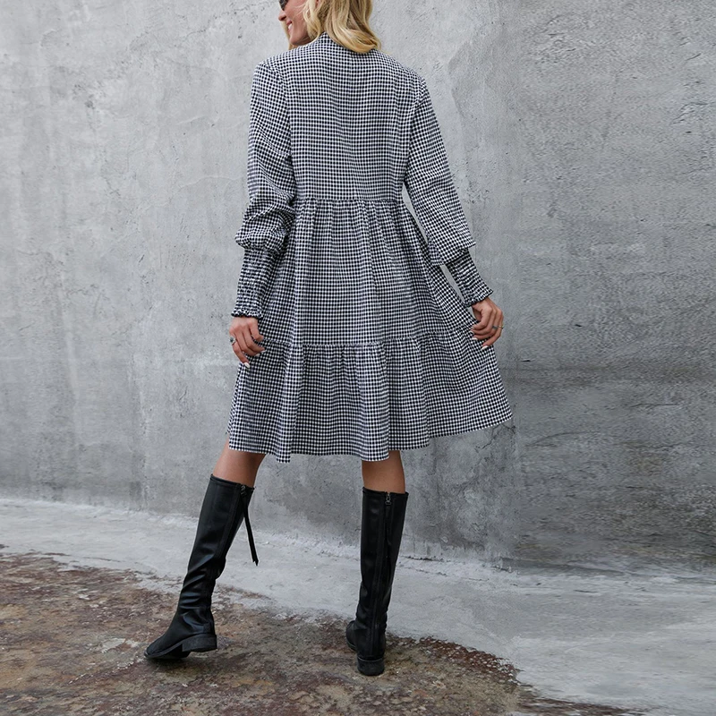 

Women Plaid Long Sleeve Knee Length Dress V Neck Print Loose Style Dress Autumn 2021 Fashion Office Ladies Casual Vestidos New
