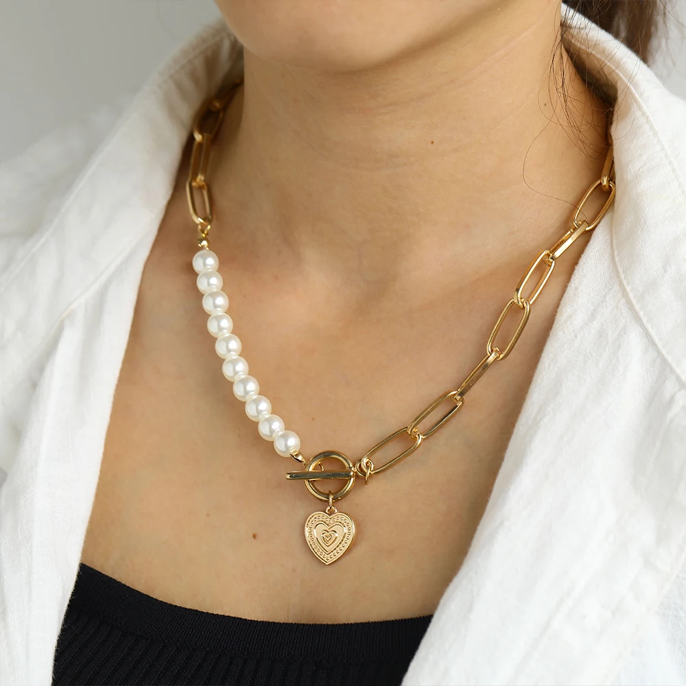 

IPARAM Fashion Pearl Thick Chain Heart Choker Necklace 2020 Retro Gold Color Geometric Clavicle Necklace Jewelry Party Gift