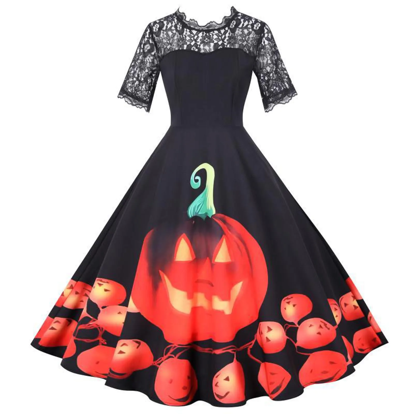 

Women Halloween Short Sleeve O-neck A-line Dresses Pumpkin Printing Vintage Party Autumn Dress Черное Платье Robe Femme Vestidos