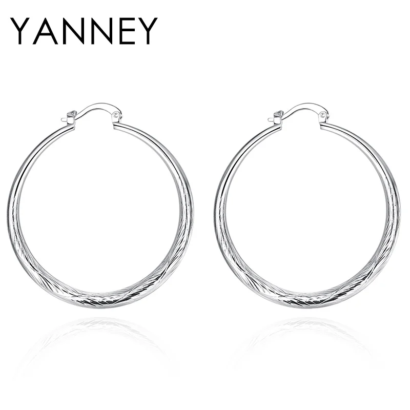 

YANNEY 925 Sterling Silver 40MM Fine Wave Circle Hoop Earrings For Fashion Woman Charm Jewelry Party Gift