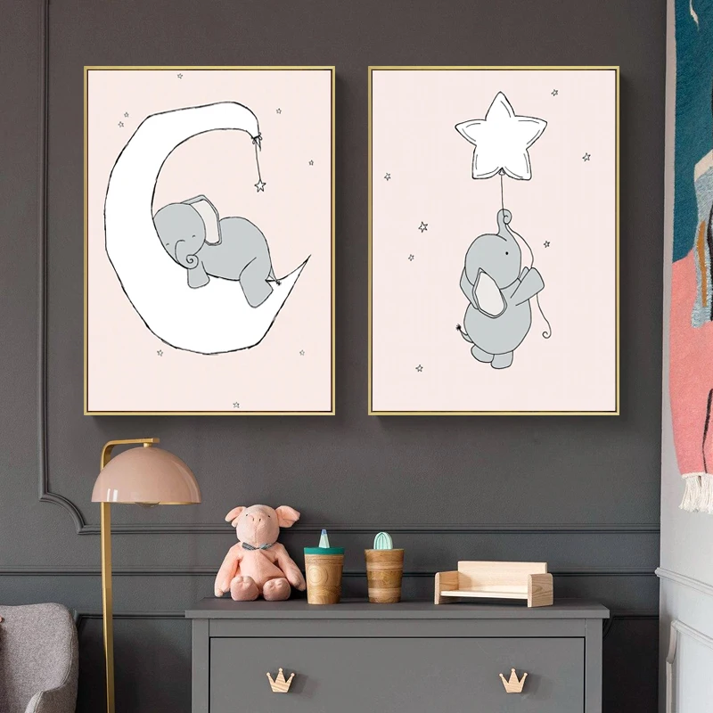Живопись на холсте "Слоненок в детской" в голубых и розовых тонах - постер в стиле "северная Европа" для детской комнаты мальчика, декор.