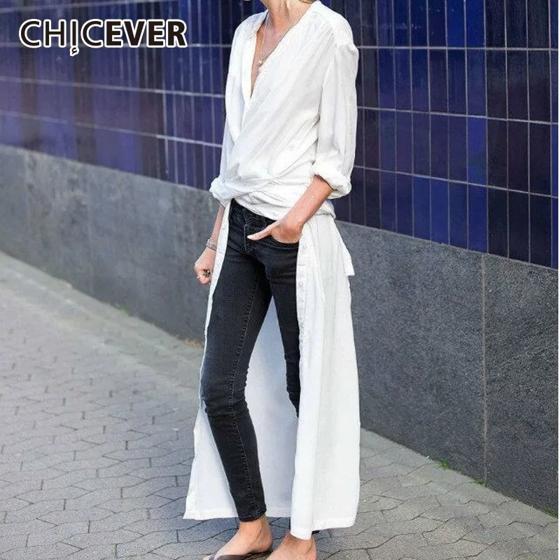 Chicever сбоку Разделение Макси повседневные платья женские белая рубашка Для