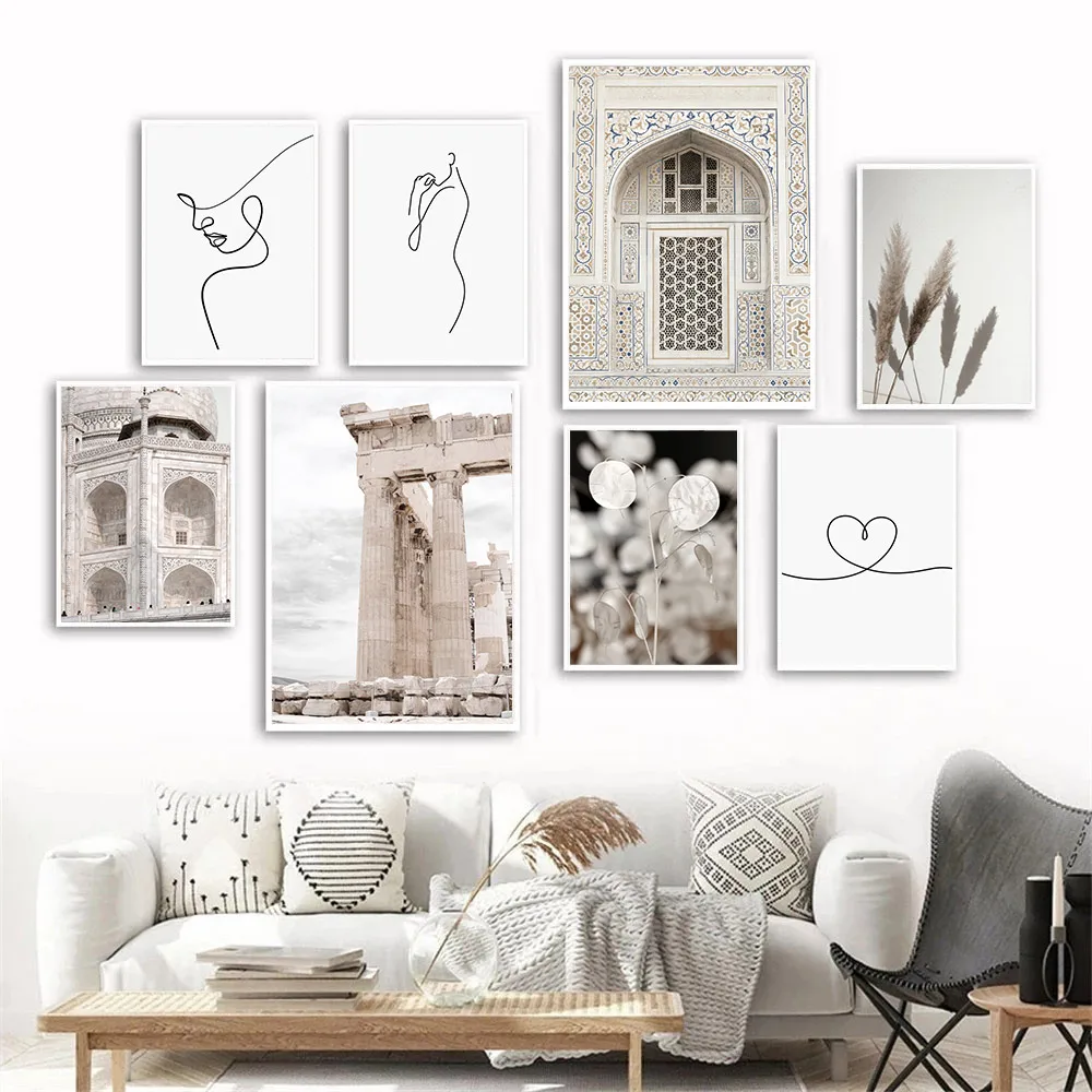 

Mosque Building Morocco Islamic Door Poster Abstract Woman Line Drawing Canvas Art Print Reed Wall Painting Pictures Home Decor