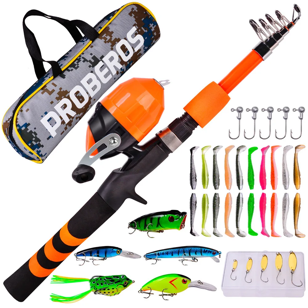

PROBEROS Kids Fishing Pole Set Full Kits with Telescopic Fishing Rod and Casting Reel Baits Hooks Saltwater Travel Pole Set