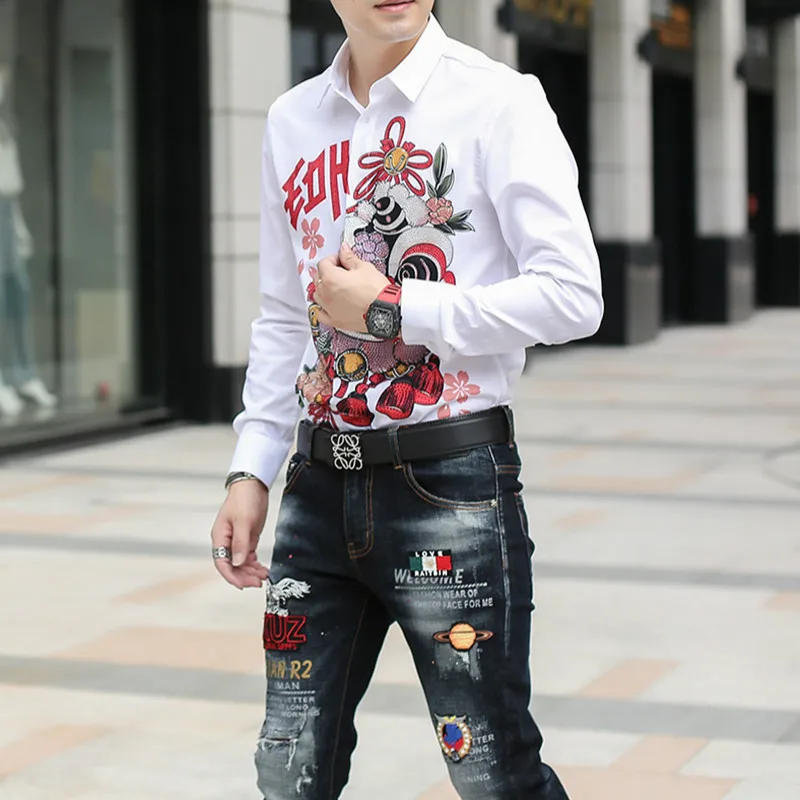 

Luxury Rhinestone Shirts for Men Long Sleeve Slim Fit Casual Formal Dress Shirts Chemise Homme Chinese Style Streetwear Clothing