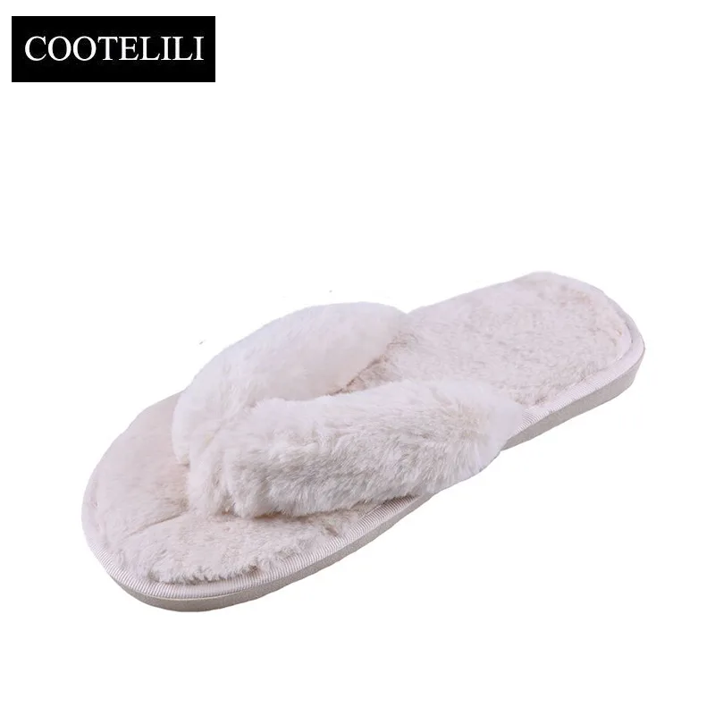 

COOTELILI Winter Fashion Women Home Slippers Faux Fur Warm Shoes Woman Slip on Flats Female Fur Flip Flops Pink Plus Size 44 45