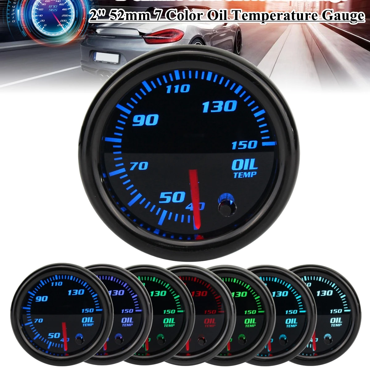Универсальный измеритель температуры масла 2 дюйма 52 мм 12 В 1/8 NPT сенсор 7 цветов