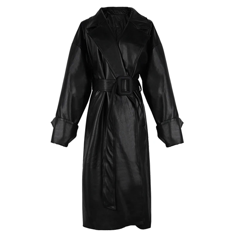 

Long oversized leather trench coat for women long sleeve lapel loose fit Fall black women plus size clothing streetwear
