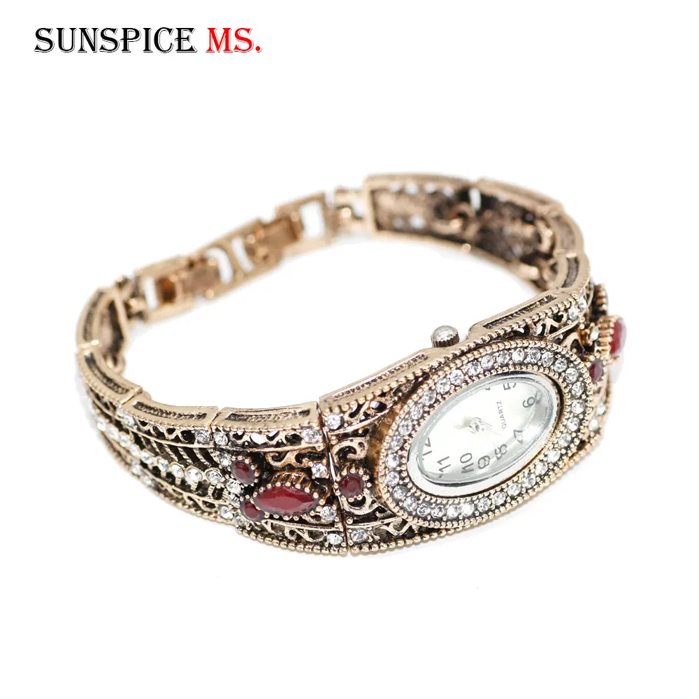 SUNSPICE-MS, винтажные часы с браслетом-манжетой и кристаллами, женские часы, античное золото, кварцевые часы, цифровые, Relogio Feminino, свадебный подарок