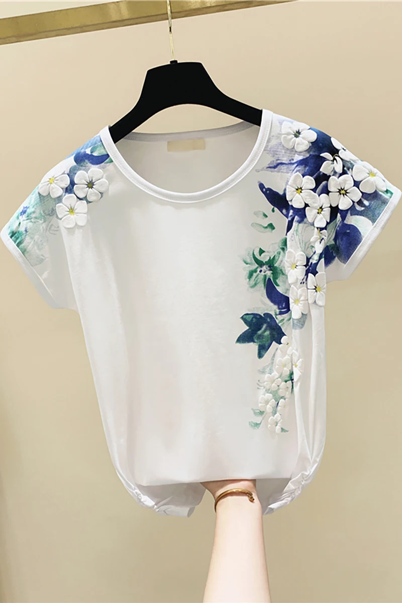 

Three-Dimensional Flower Print Short Sleeve Cotton T-shirt Women's 2021 Summer Korean Style Loose Western Style T-shirt Tops