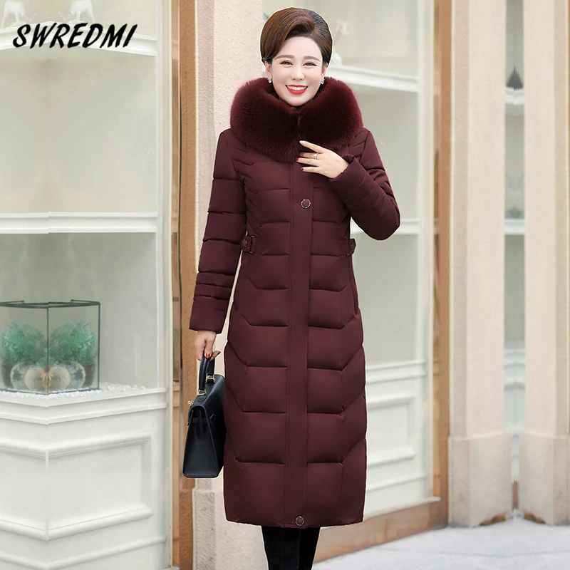 

SWREDMI X-Long Winter Coat Women Oversize 5XL Thickening Warm Padded Clothes Snow Wear Parkas Hooded Large Fur Collar Jackets