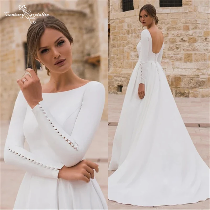 

Simple Wedding Dresses 2021 Scoop Backless A-Line Long Sleeve Crepe Elegant Bride Dress Muslim Bridal Gowns Vestido De Noiva