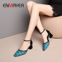 enmayer 2020 genuine leather sexy wedding shoes pointed toe dorsay two piece womens shoes buckle strap women pumps 34 43