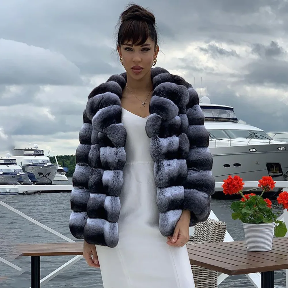 Women Real Chinchilla Color Rex Rabbit Fur Jacket Turn-down Collar Luxury Woman Winter New Genuine Rex Rabbit Fur Coats Outwear