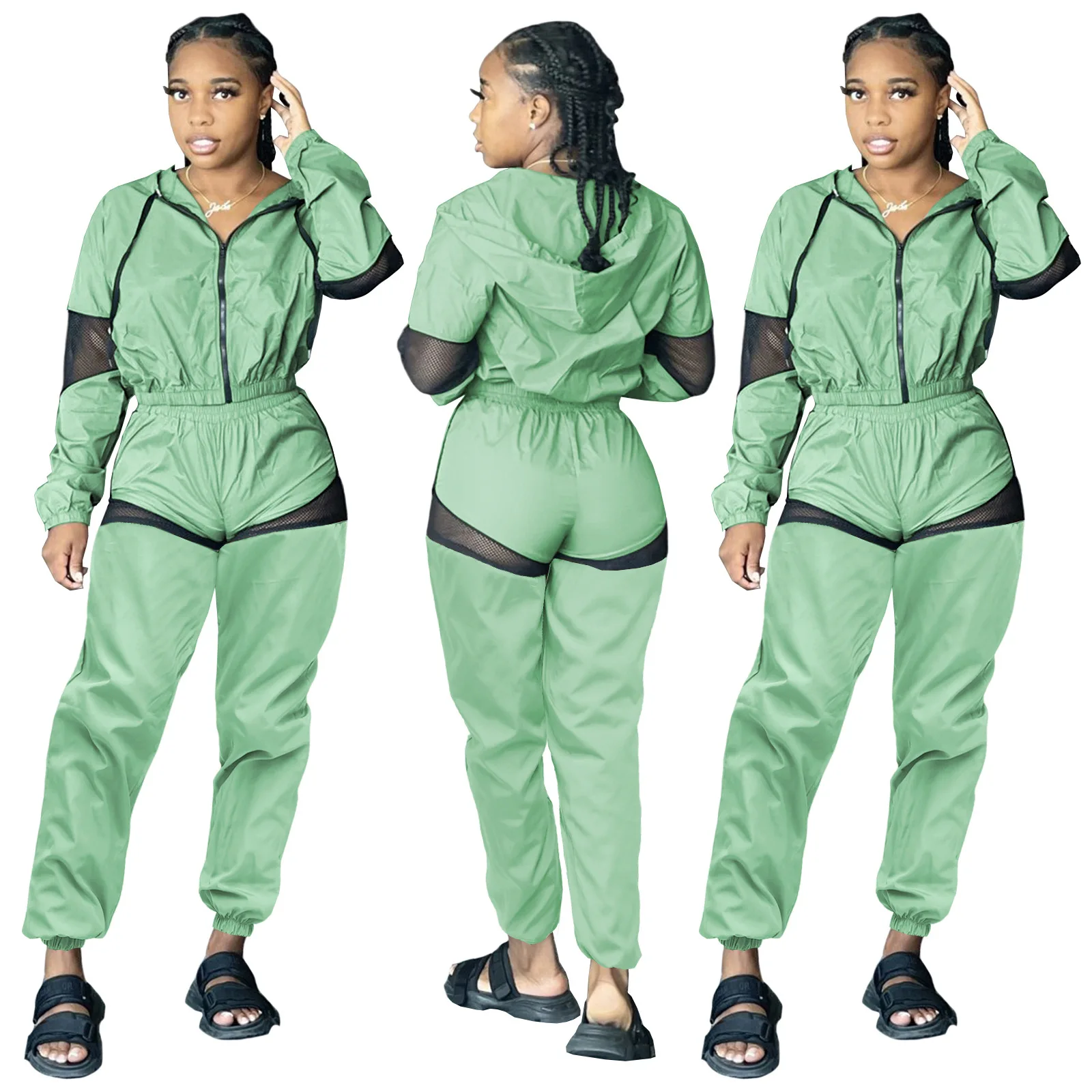 

Donsignet Fashion Casual New Hooded Gauze Splicing Sports Waterproof Womens Outfits Two Piece Suit