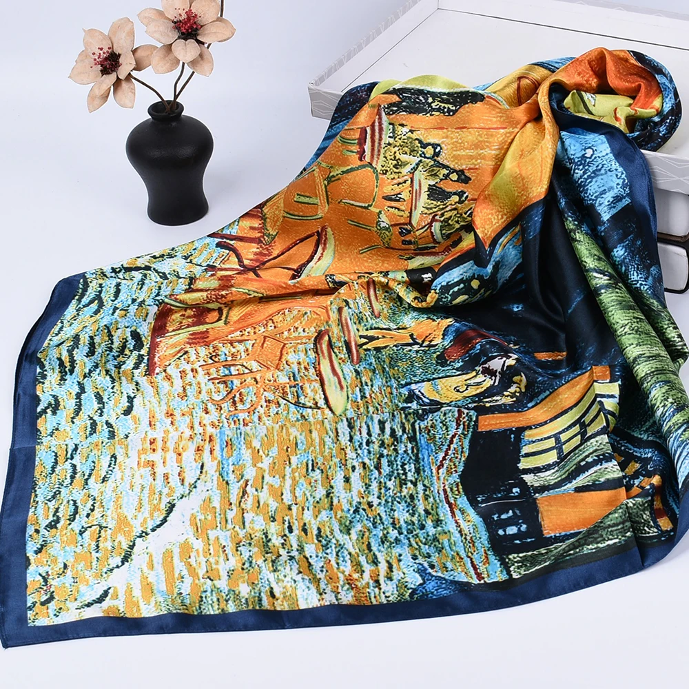 

New Luxury Brand Women Muslim Silk Scarfs Van Gogh Painting Square Scarves Spring Summer Shawls For Ladies 90*90cm