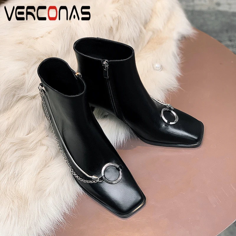 

VERCONAS Autumn Winter Square Toe Ankle Boots For Women Fashion Chain Thin Heels Shoes Woman Genuine Leather Zipper Casual Boots