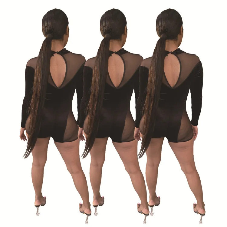 

Hot Selling Nightclub Style Women Jumpsuits O-Neck Long Sleeve Backless Velvet Mesh Bodycon Shorts Rompers Autumn For Party
