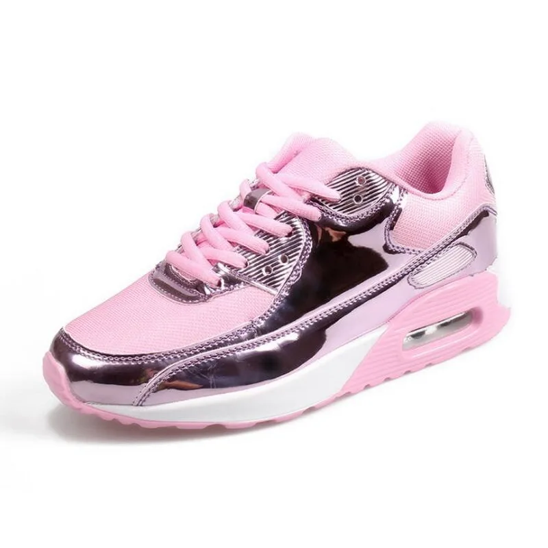 

New Fashion PU Leather Women Trainers Breathable Mesh Women Casual Shoes Women Vulcanize Shoes Gold Silver Women Shoes 46