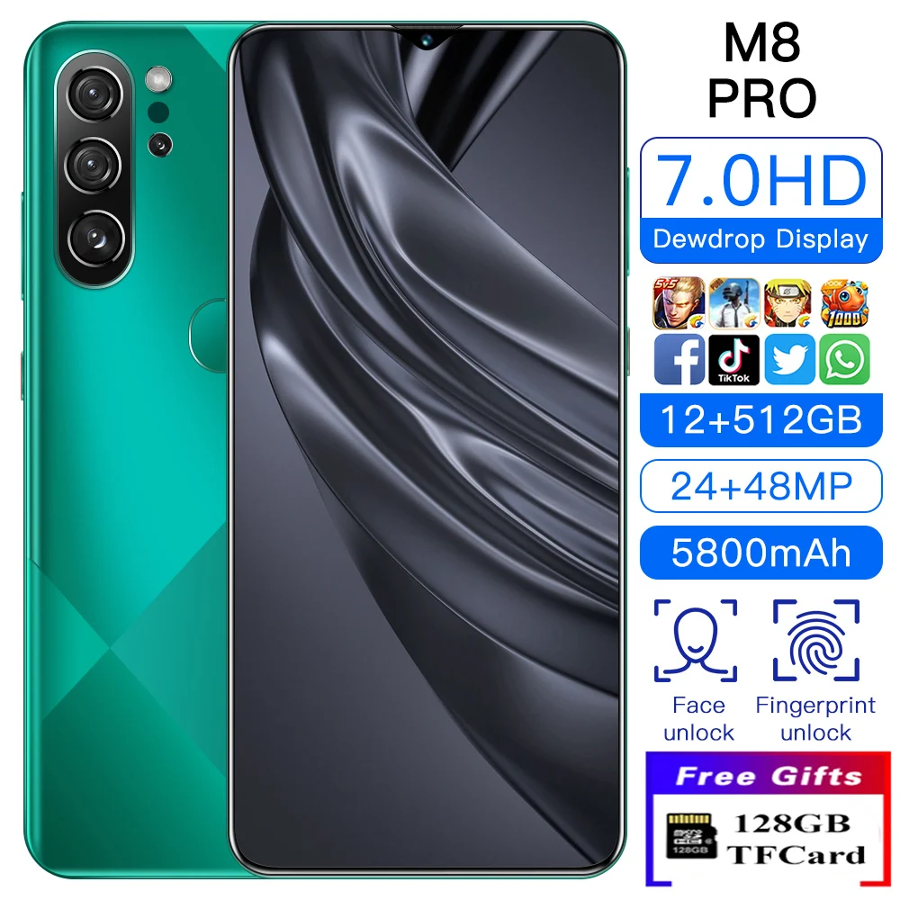 

M8 Pro MTK6889 Platform 12+512GB Memory 7.0"HD Screen 24+28MP Camera Android OS 10.0 System Face ID Unlock Dual SIM Card