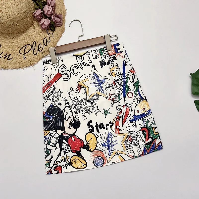 

Винтажная мини-юбка, Женская юбка в горошек с мультяшным принтом, черная летняя хлопковая короткая Сексуальная трапециевидная юбка с цвето...