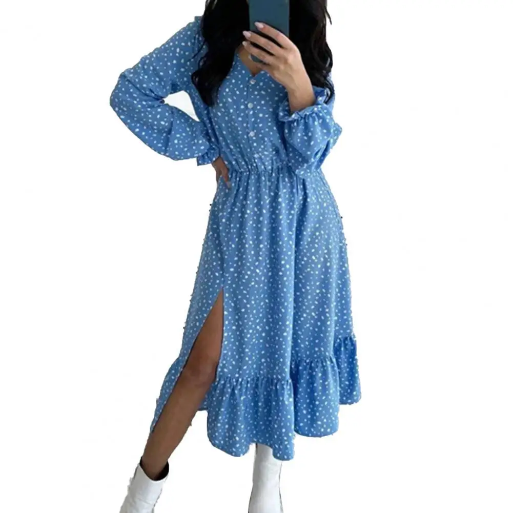 

Vintage Split Long Dress Women Irregular Dot Print V Neck Split Casual Lantern Sleeve Long Dress Irregualr Women Party Dress