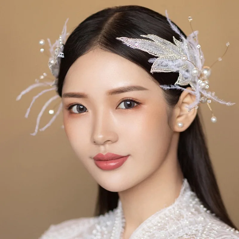 

1 Pair Feather Crystal Side Women Clip Hair Pins Bridal Headdress Super Fairy Bridal Wedding Hair Accessories Girls Headband