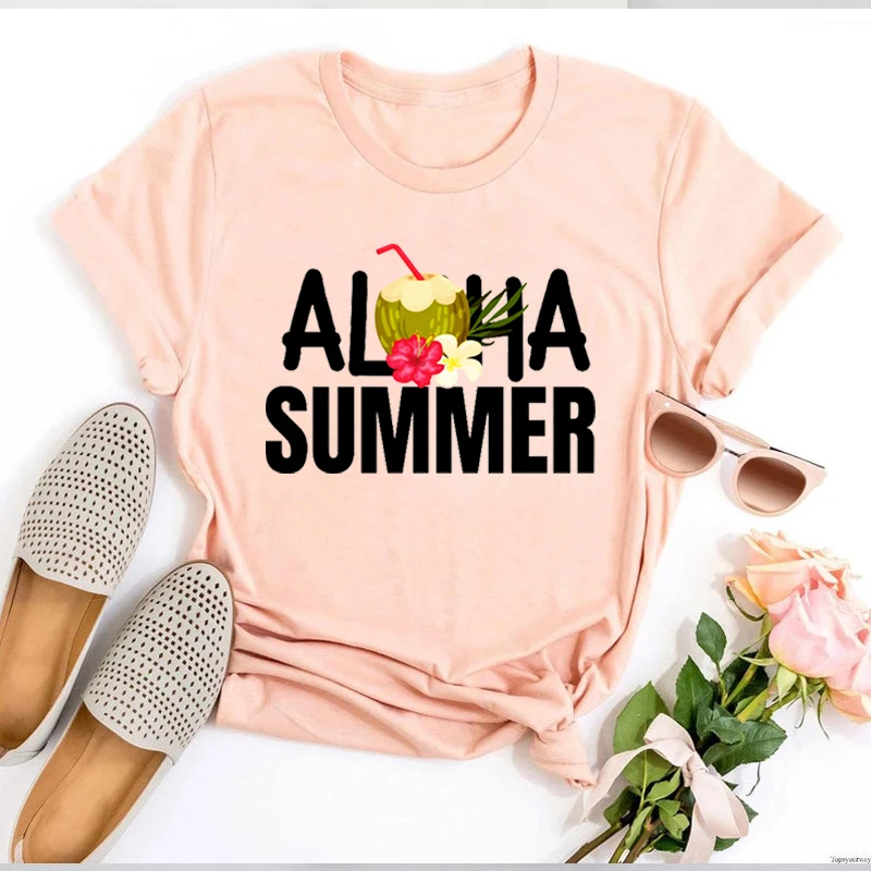 

Aloha Summer Graphic Tees Women Coconut Drink Woman Tshirts Aesthetic Summer Flowers Streetwear Women Top Kawaii L