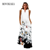 movokaka spring summer white dress beach casual holiday butterfly print long dresses woman party sleeveless maxi dresses vintage