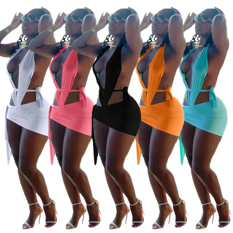 

Women Sexy Summer Beach Two Piece Set Deep V Neck Halter Backless Bodysuit Lace Up Bodycon Mini Skirt Swimwear Suit