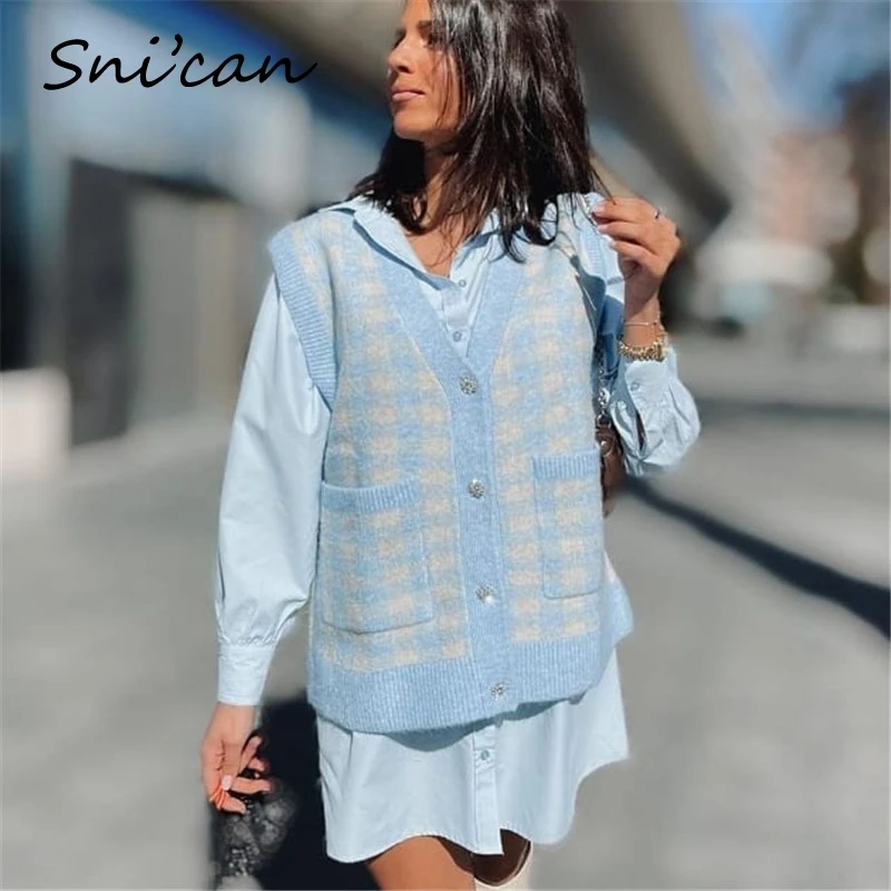 

Plaid Sweater Vest With Pockets Za Top 2021 Women Spring Jewelry Button Casual Oversize Cardigan Gilet Hiver Femme Chandails New