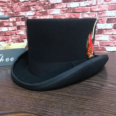 Черная Мужская шерстяная шляпа-федора, плоская шляпа Mad Hatter, топ, шапка, традиционный президент, вечерние, стимпанк, Волшебная Шляпа с пером - Цвет: black 13.5CM
