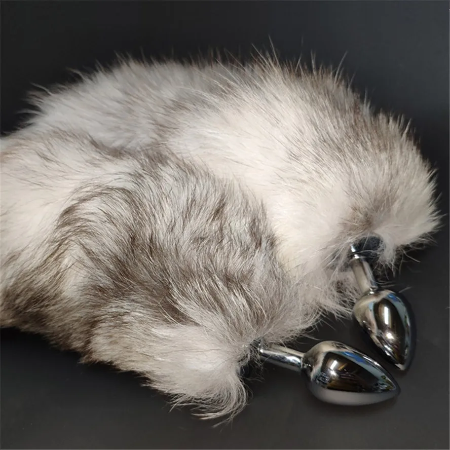 Анальная пробка с настоящим хвостом крестовой лисы, металлическая задница, секс-игрушки для пар, эротический косплей, серый белый хвост, 3 размера на выбор.