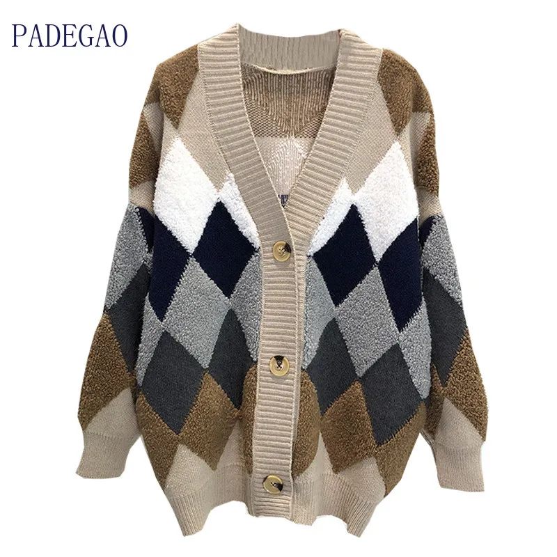 Женский Длинный винтажный кардиган в клетку темно-синий вязаный с узором