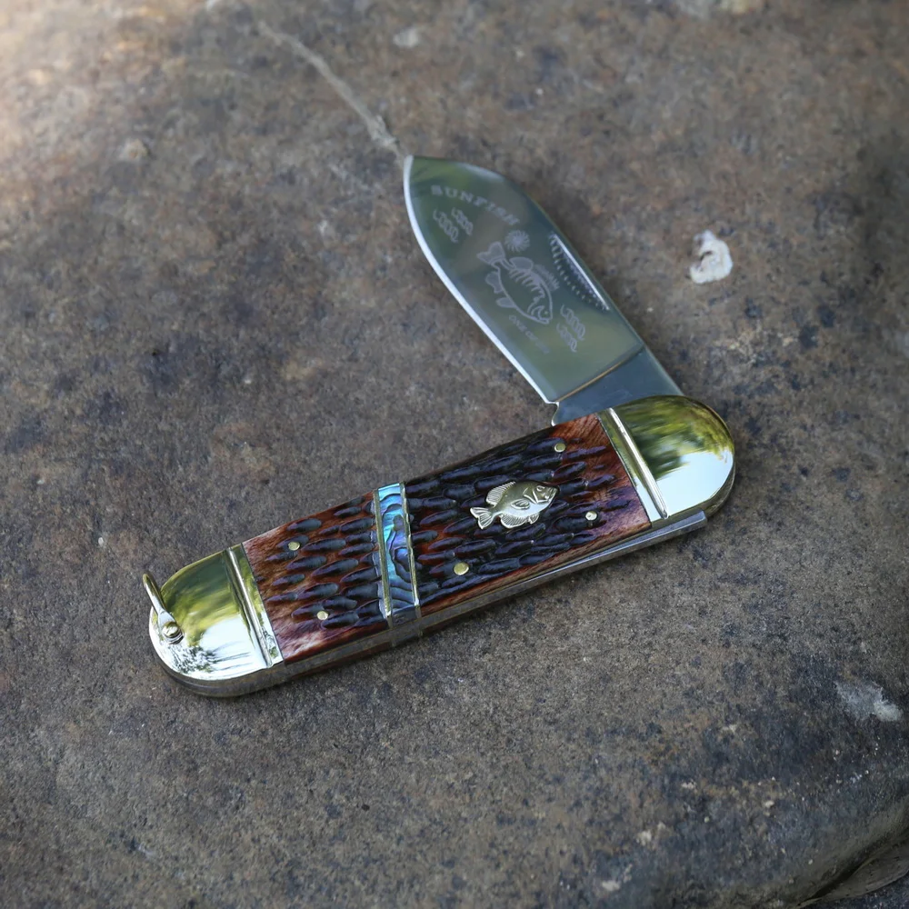 4116 Стальное зеркальное лезвие складного ножа Sunfish с костяной рукояткой, покрытой кожей + латунная рукоятка для активного отдыха, охоты и кемпинга - набор ножей для использования в повседневных целях.