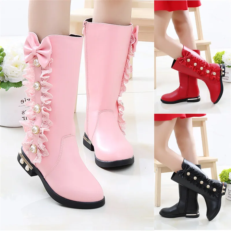 

Children Shoes Fashion Lace Bow Girls Snow Boots PU Leather Zipper Kids High Boots Warm Plush Winter Student Boots Size 27-37