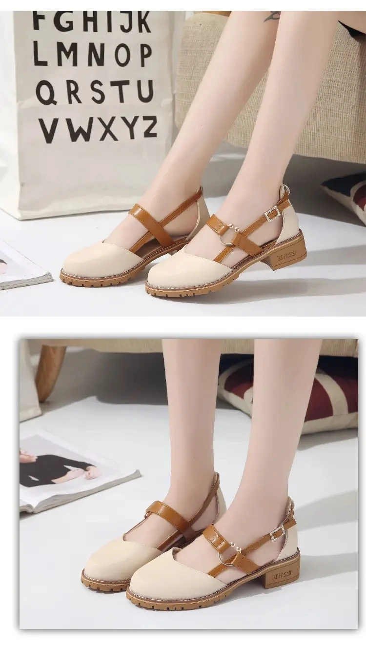 

Women's Summer Sandals Baotou Hollow Out Middle Heel Mary Shoes Apricot Fashionable Versatile Comfortable Non Slip Sandals