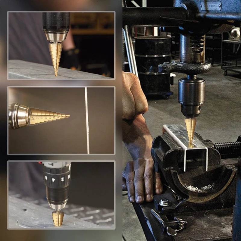 

Hot 3 pcs HSS Titanium Step Drill Bit Set & 1 pcs Automatic Center Punch titanium coated metal hex core drill bits